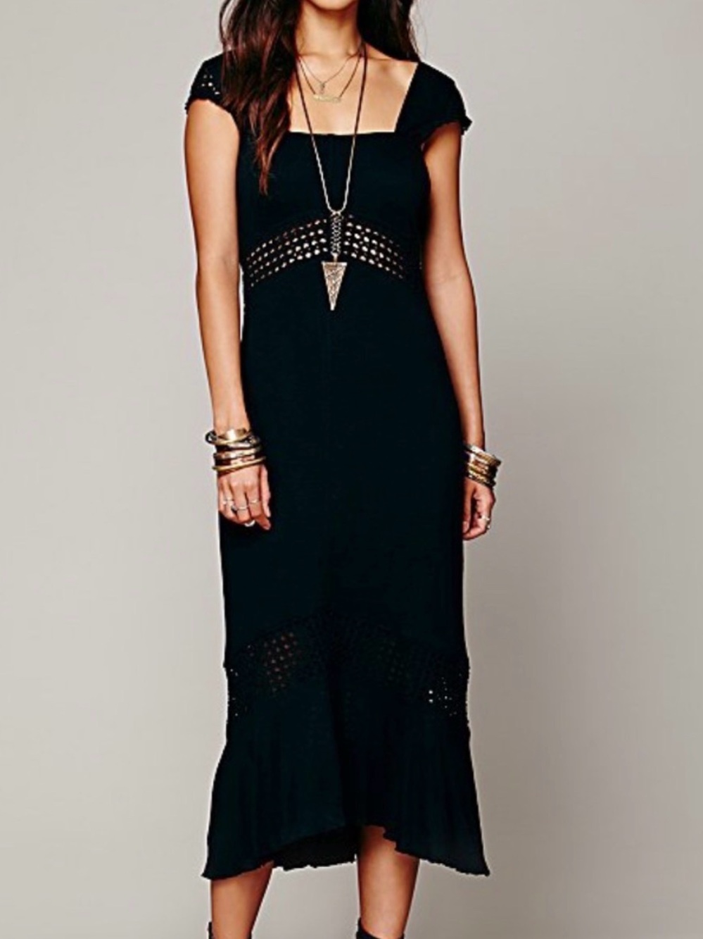 Free People Beach Grayish Square-Neck Midi Dress with Eyelet Waist. Size small